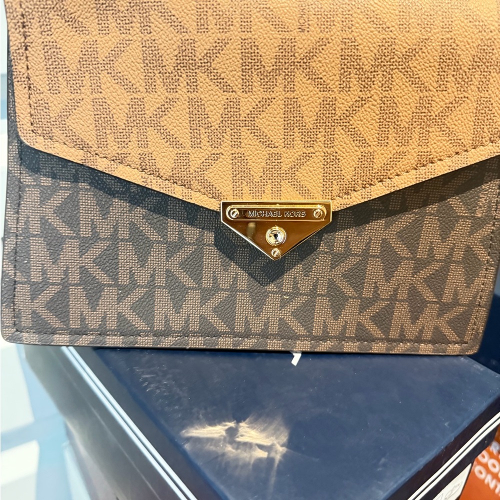 Michael Kors Brown MK Monogram Envelope Wallet with Gold Detail